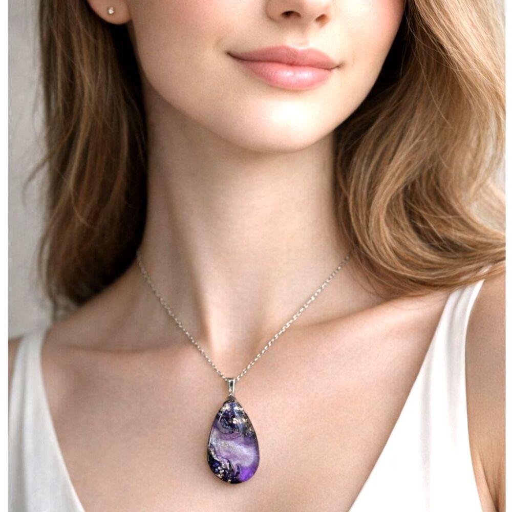 Handmade Resin 3D Purple Resin Teardrop Necklace - Picture 6 of 6